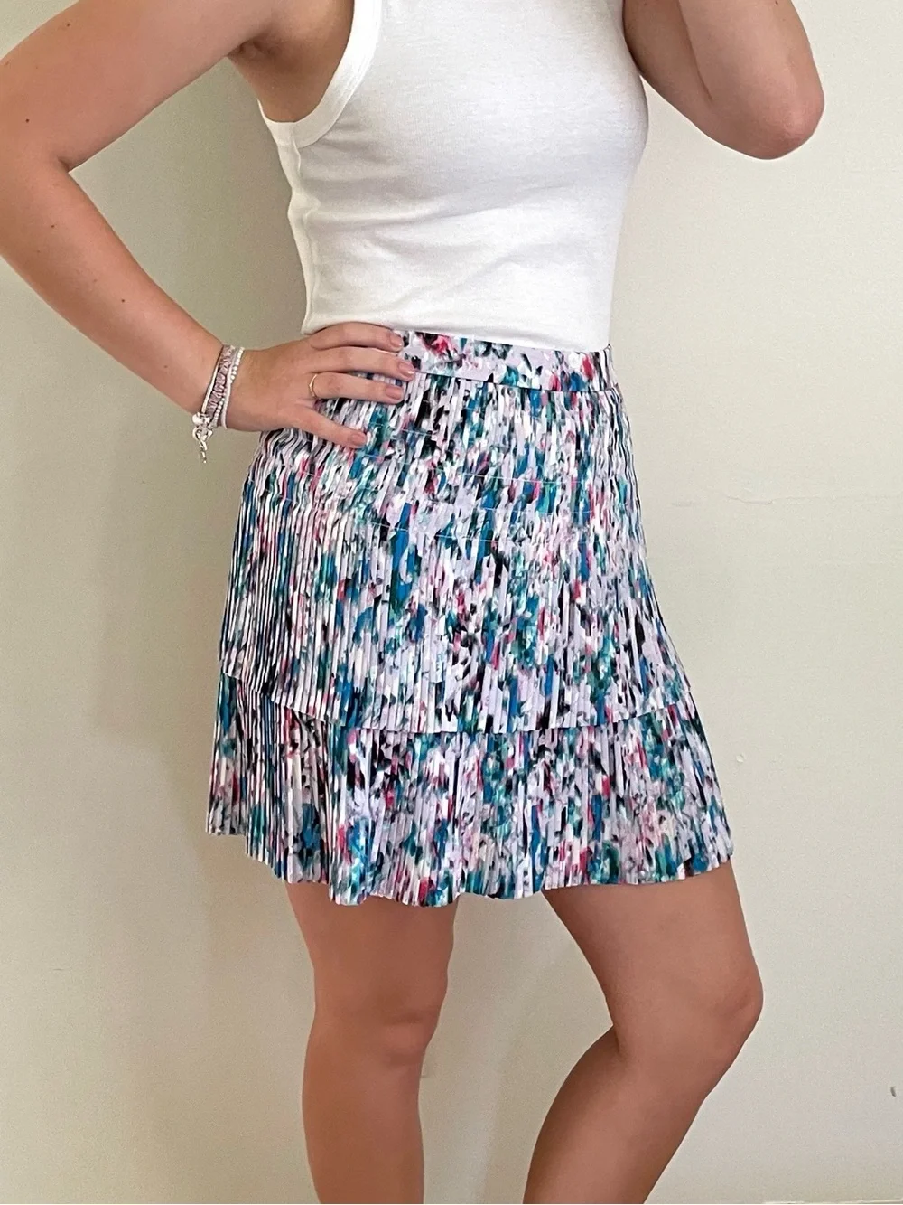 J. Crew Tiered Watercolor Pleated Mini Skirt - Pink, Teal & Black